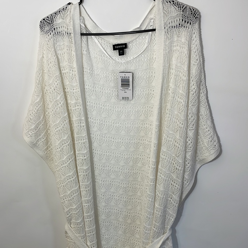 Torrid 3/4 CROCHET DUSTER SHORT SLEEVE TIE WAIST SWEATER - Picture 6 of 10